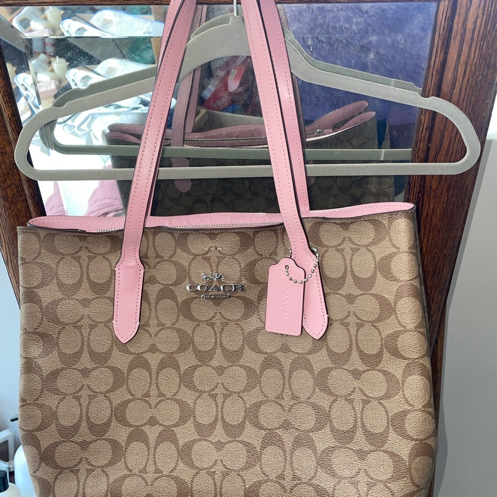 Coach Tan and Pink Signature Tote Bag